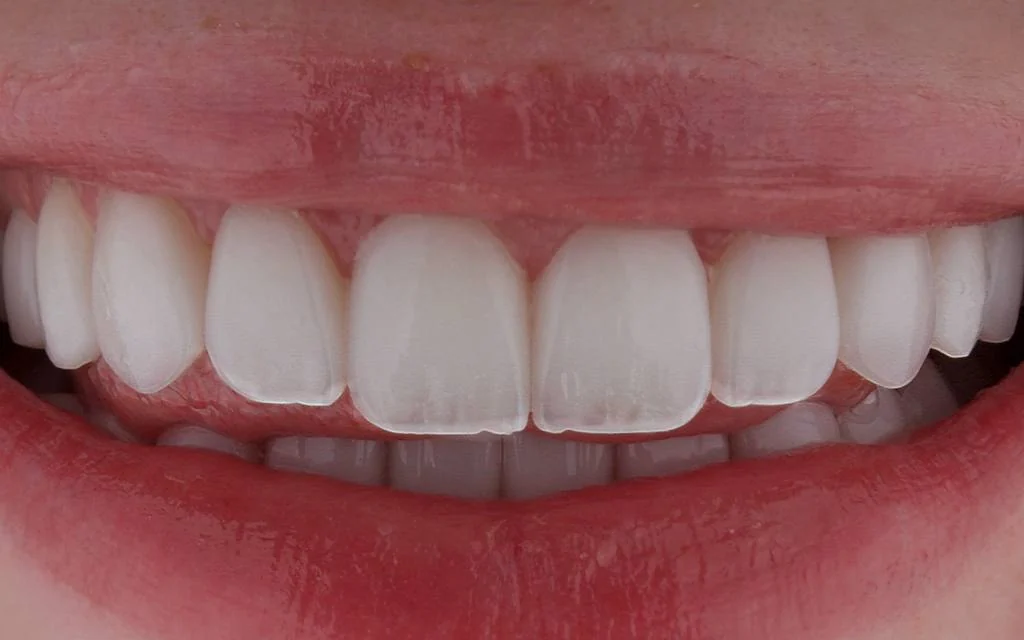 Close-up of a bespoke smile showing dominant central incisors, soft incisal edges and natural translucency